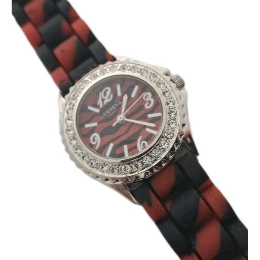 Geneva Womens Red Black Silicone Watch Bling Rhinestone Bezel Fresh Battery New